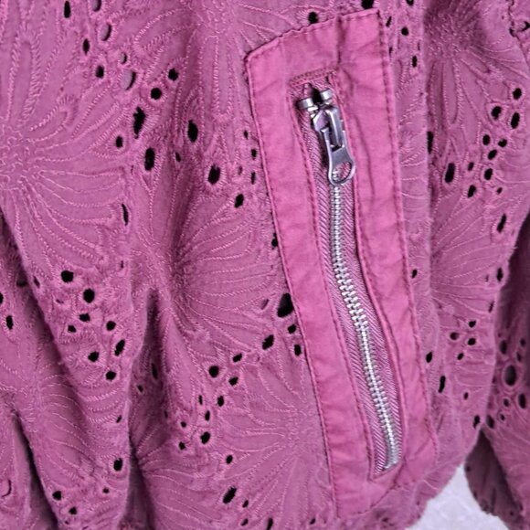 Free People Daisy Jane Size Medium Embroidered Eyelet Bomber Jacket Raspberry - Picture 6 of 16